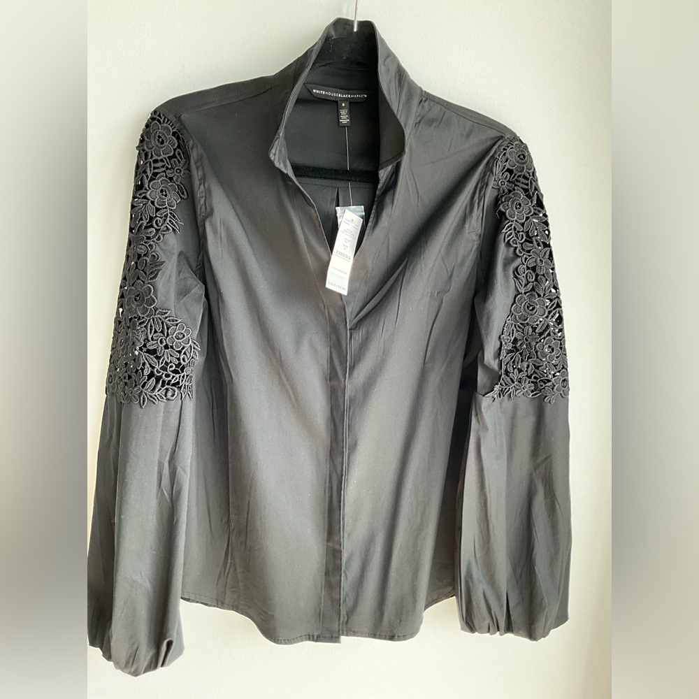 NWT🏷 WHBM LACE POPLIN SHIRT IN BLACK SIZE 8